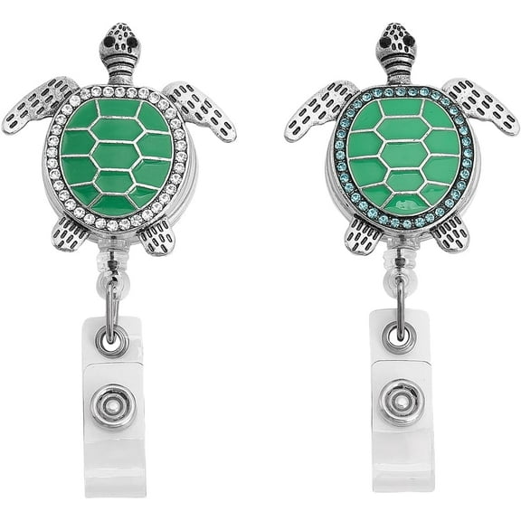 2Pcs Sea Turtle Retractable ID Badge Reel Name Card Holder Bling Rhinestone ID Badge Holder for Nurse Teacher Student Silver & Platinum