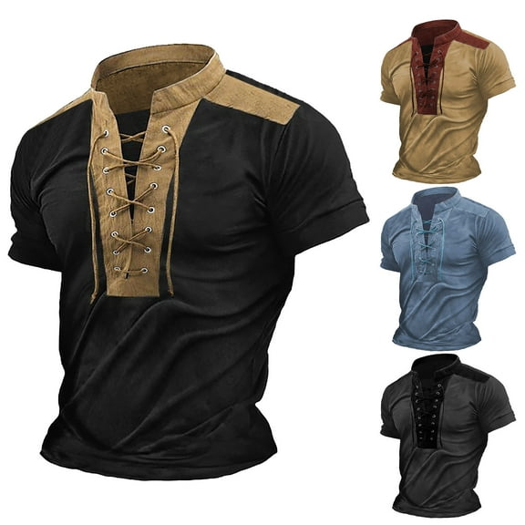 ZRGHAOYLQ Men's Vintage Short Sleeve Lace Up Shirts for Renaissance Pirate Viking Medieval Costume Color Block Patchwork Top Plus Size Muscle Shirts Big and Tall Stand Collar Shirt Tops