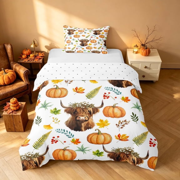 Homewish Watercolor Highland Cow Twin Duvet Cover, Pumpkin Maple Leaf Twin Bedding, White Orange Green Brown, Reversible 2pcs, 1 Duvet Cover and 1 Pillowcase