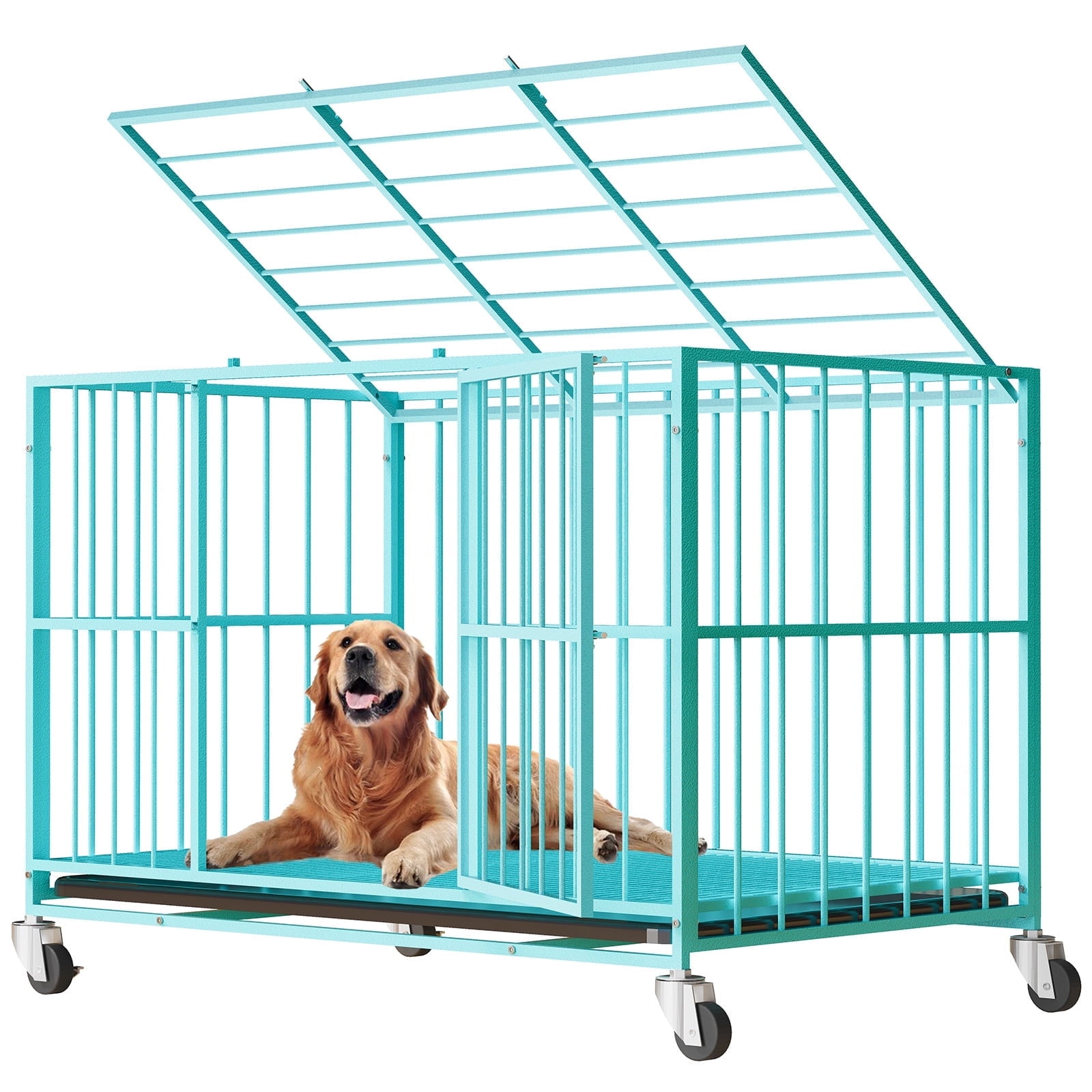 TIME RAY 48 Inch Heavy Duty Indestructible High Anxiety Dog Crate Cage for Large Dog with Steel Escape Proof, Double Doors,Lockable Wheels and Removable Tray,Blue