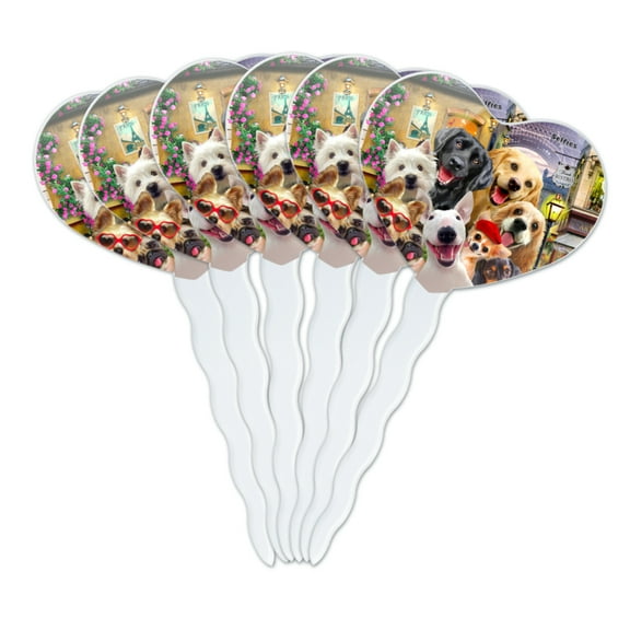 Old Paris Eiffel Tower Dogs Selfie Heart Love Cupcake Picks Toppers Decoration Set of 6