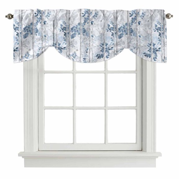 Tie Up Valances for Windows, Blue Grey Leaves Adjustable Valance Curtains Window Treatment for Living Room/Bedroom, Watercolor Branches Vintage Forest Rod Pocket Kitchen Curtains & Drapes 54x18 Inch