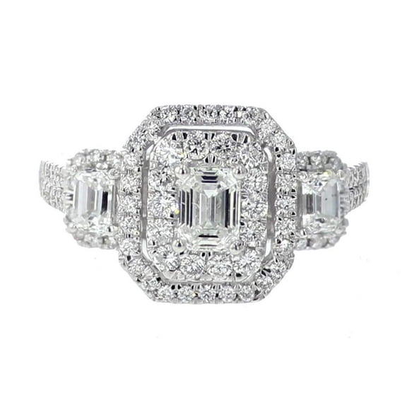 14K White Gold 1.50ctw Diamond Ring 3 Stone Style Emerald Cut Solitaire With Halo 13mm Wide