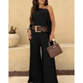 thumbnail image 6 of CHICME Women's 2 Piece Pleated Outfits Set Asymmetrical One Shoulder Tops & High Waist Wide Leg Pants Elegant Irregular Hem Matching Set Black-S, 6 of 9