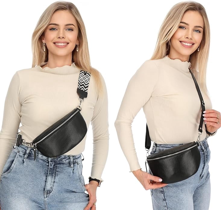Leather Waist Belt Bag with 2 Detachable Straps, Stylish Unisex Crossbody Hip Pack for Travel, Italien Handcrafted Fanny Pack in 8 Colors
