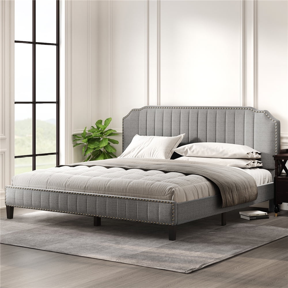 Full/Queen/King Size Upholstered Platform Bed Frame with Wooden Slats & Nailhead 