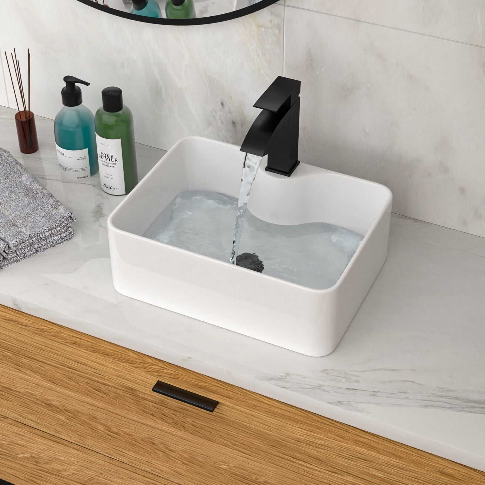 Modern Bathroom Vanity 16"x12" White Ceramic Rectangular Vessel Bathroom Sink with Black Faucet & Black Drain,Wooden Bathroom Vanity
