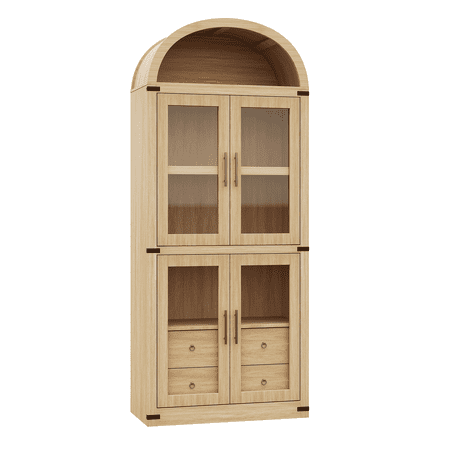 Tall Farmhouse Storage Cabinet with Arched Top, Glass Doors, 4 Drawers, Adjustable Shelves, Wooden Base