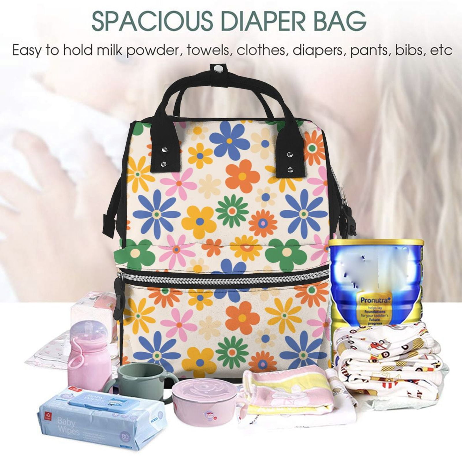 Ratiio Groovy Daisy Flowers Mummy Backpack - Waterproof Twill Canvas, Large Capacity Diaper Bag with Multiple Pockets and Adjustable Straps