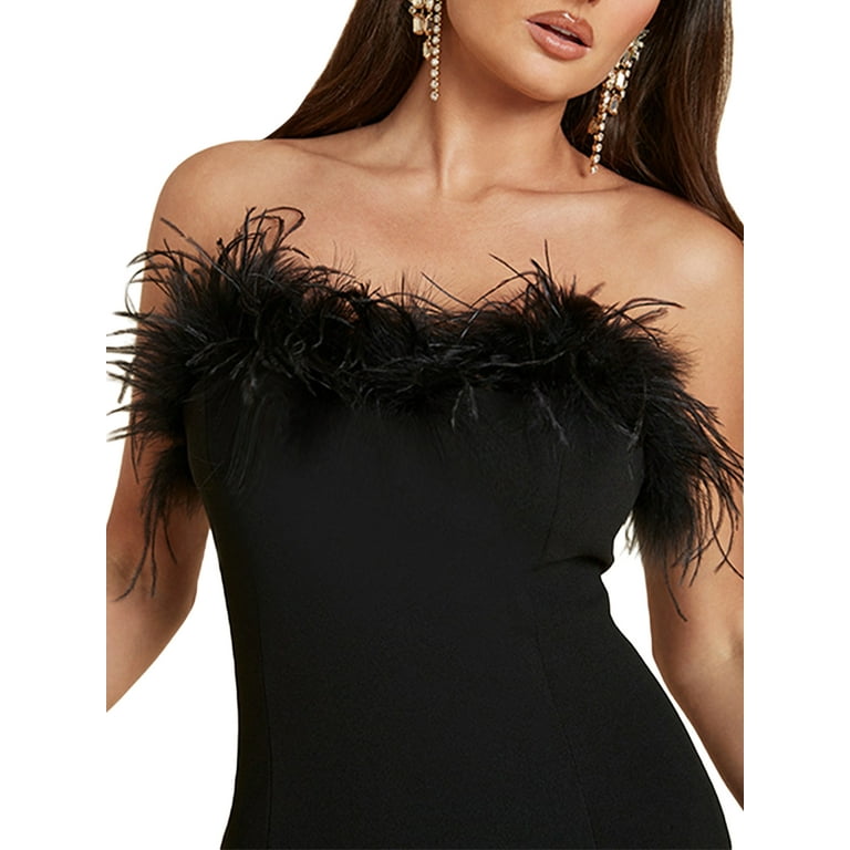 Thaisu Women Elegant Feather Trim Tube Top Party Dress Vintage