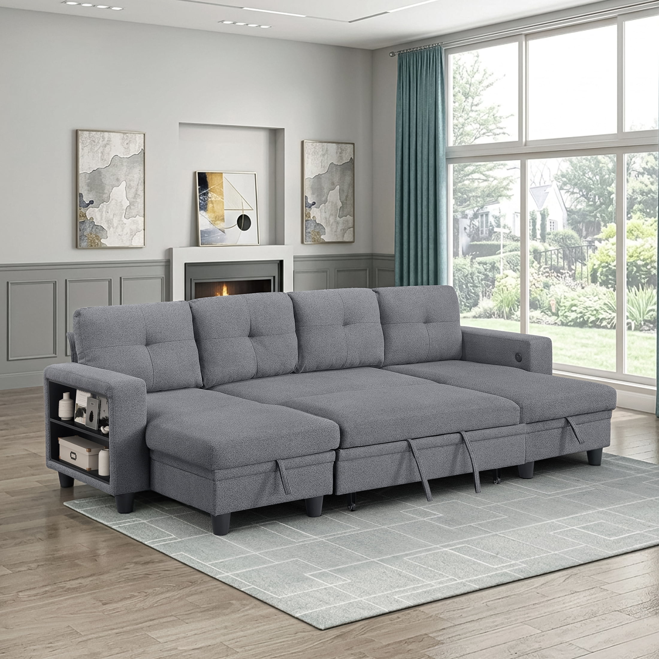 OakvillePark Vessarion Boucle Sectional with Two Chaises, Pull-out Bed, Shelves and Charging Ports, Gray