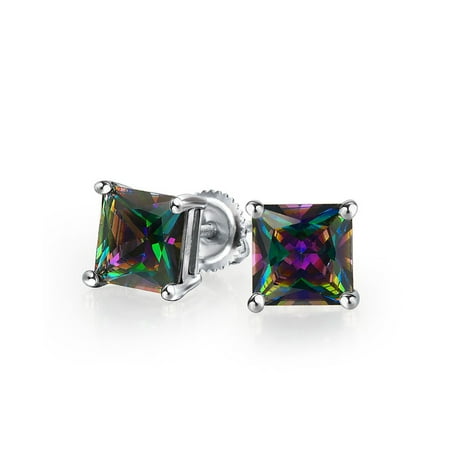 Men Earrings Diamond Screw Backs Mens Square Black Mystic Rainbow Princess Cut AAA CZ Stud Earrings For Women 925 Sterling Silver Screwback More Sizes ()