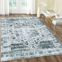 Hasoo 4' x 6' Area Rug for Living Room, Persian Vintage Gray Flower Print Rug Indoor Floor Cover Distressed Carpet Thin Rug Foldable Chenille Rug for Home
