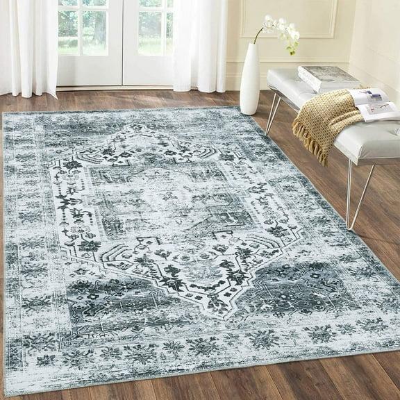 Hasoo 4' x 6' Area Rug for Living Room, Persian Vintage Gray Flower Print Rug Indoor Floor Cover Distressed Carpet Thin Rug Foldable Chenille Rug for Home