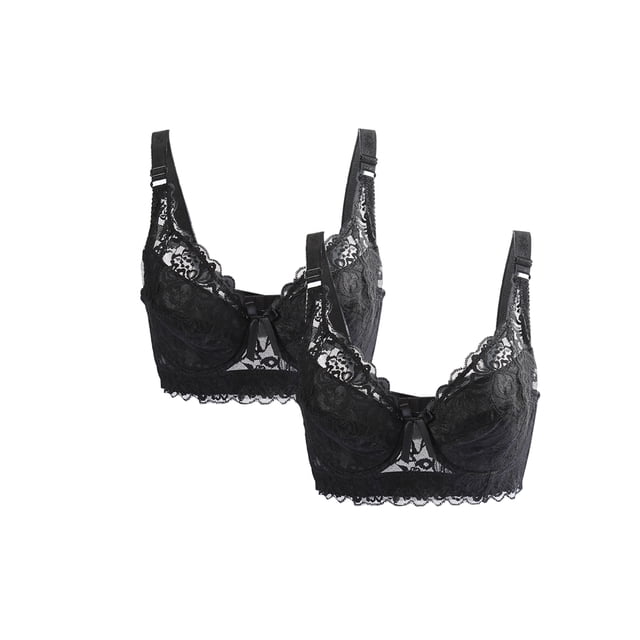 Sostén con aros de encaje floral para mujer de tallas grandes INSPIRE CHIC, acolchado, cobertura completa, negro - 2 piezas, talla 40/90, ajuste 38B/C