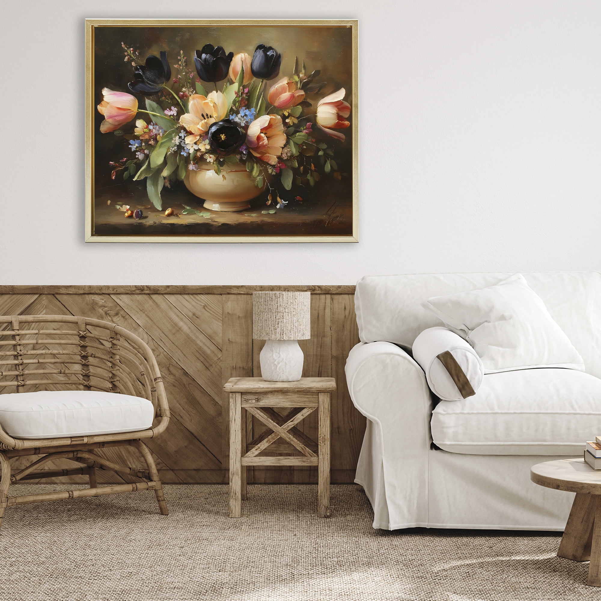 Stupell Industries Black Tulips & Peach Bouquet Gold Framed Floater Canvas Wall Art, design by Franklyn Gregory