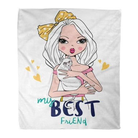 SIDONKU Flannel Throw Blanket Love Girl White Cat Paris Adorable Baby Beautiful Best Soft for Bed Sofa and Couch 58x80