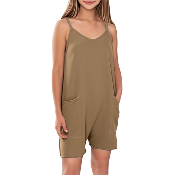 Girls Summer Sleeveless Casual Romper Spaghetti Strap Shorts Jumpsuit with Pockets 5-14 Years