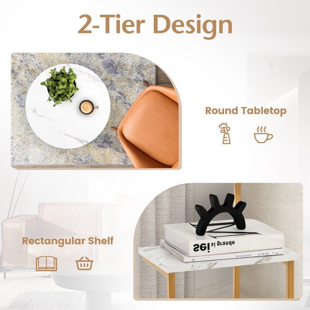 Finihen End Table, 2-Tier Round End Beside Table with Metal Frame, Sofa Side Table, Bed Side Table, for Living Room, Bedroom, White Finihen End Table, 2-Tier Round End Beside Table with Metal Frame, Sofa Side Table, Bed Side Table, for Living Room, Bedroom, White
