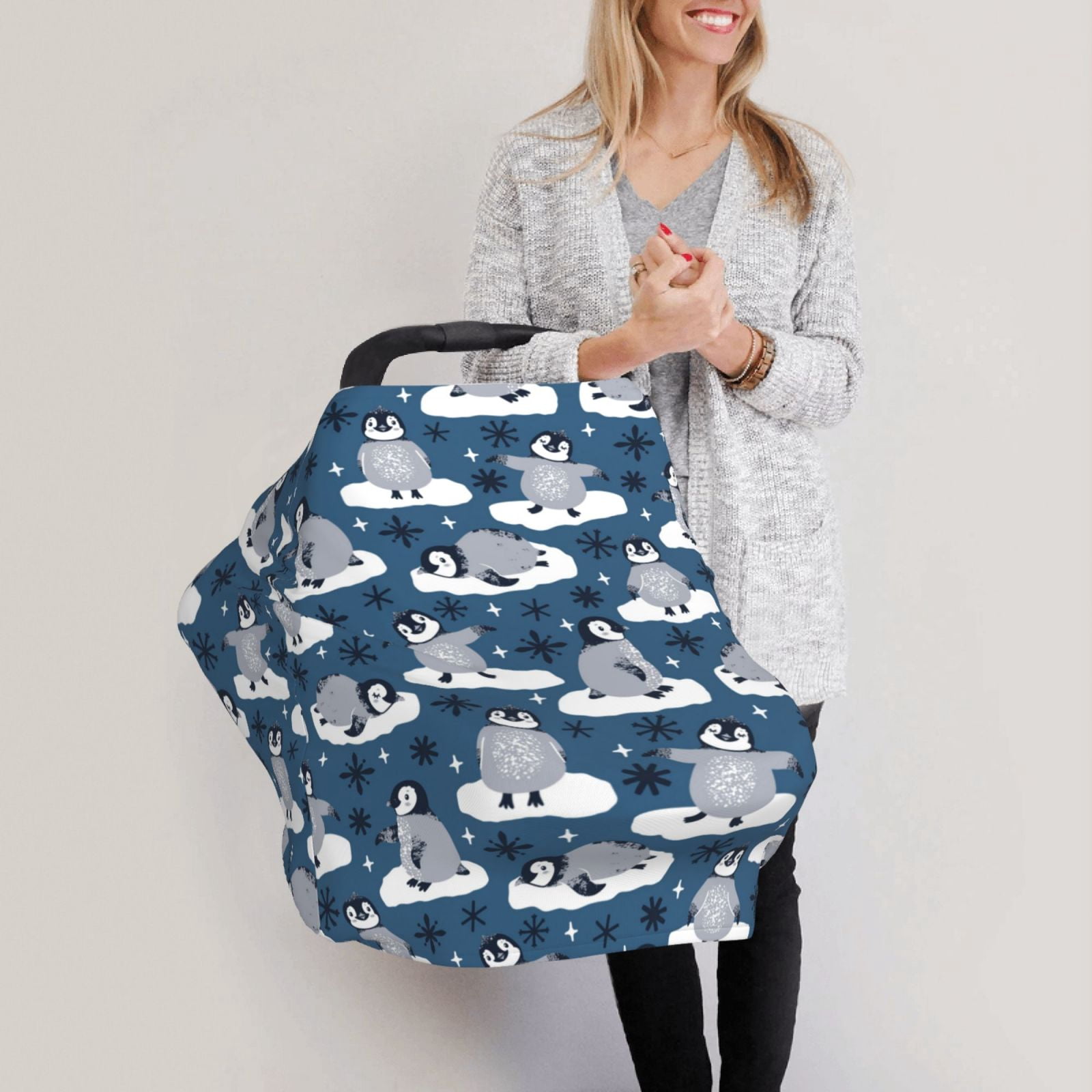 Fotbe Snow Penguin Pattern Car Seat Covers for Babies, Nursing Breastfeeding Cover Infant Carseat Canopy, Soft Stretchy Carrier Cover