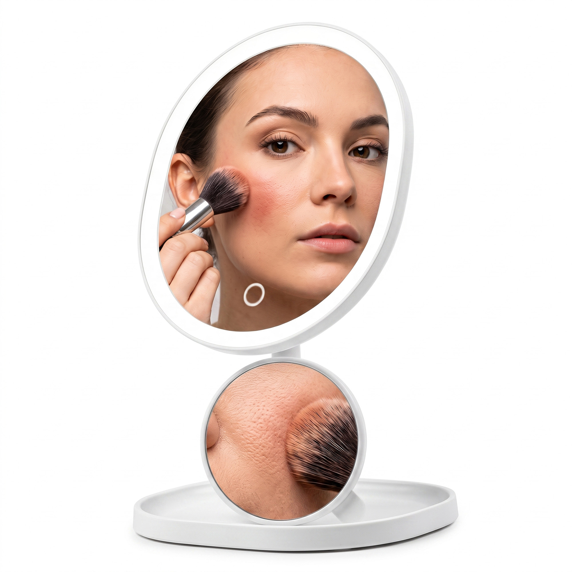 OVENTE 9" Rechargeable Lighted Tabletop Makeup Mirror with Mini Magnetic 10X Magnifying Mirror, Touch Screen Dimmable LED Lights, Portable Vanity Mirror Perfect for Bathroom or Travel, White MOT22W