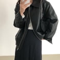 thumbnail image 3 of Women Jacket Faux Leather Smooth Surface Turn-down Collar Zipper Closure Stretchy Hem Long Sleeves Motorcycle Coat Travel Outerwear, 3 of 7
