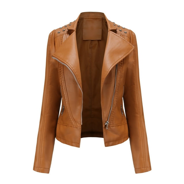 WEIYLL Womens Fleece Jackets Leather Motorcycle Short Lightweight Pleather Crop Coffee Fall Tops Size 2XL
