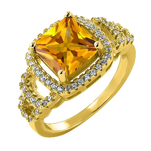 Gem Stone King 3.25 Ct Princess Yellow Citrine 18K Yellow Gold Plated Silver Ring (Size 5)