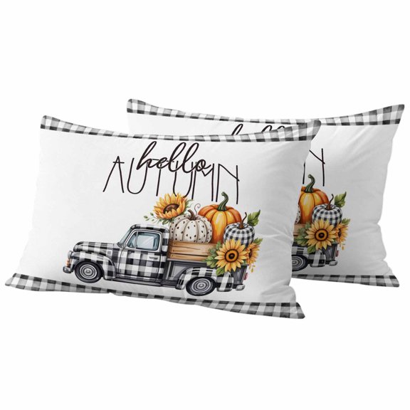 Black White Truck Fall Outdoor Waterproof Pillow Covers, Pumpkins Thanksgiving Checkered Decorative Rectangle Throw Pillowcase Sofa Cushion Sham for Patio/Couch/Chair, 20"x12" 2 Pack
