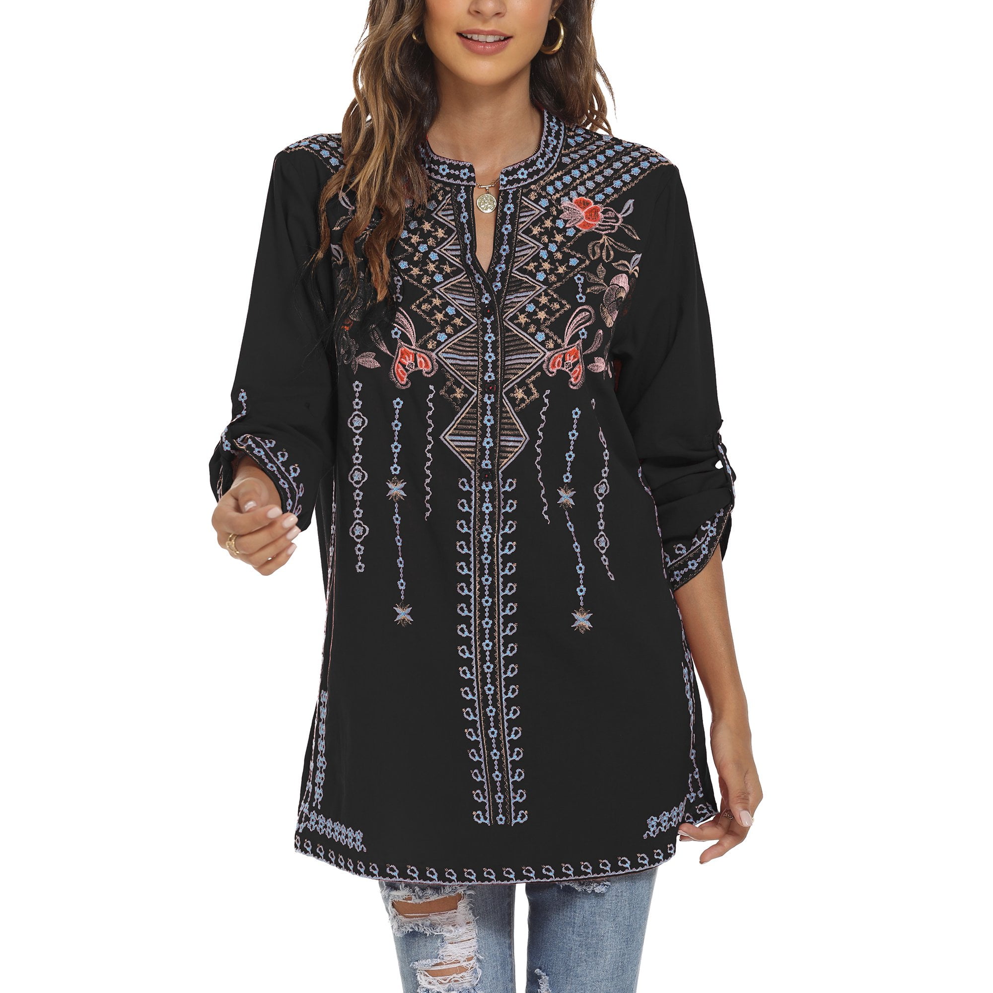 Higustar Boho Floral Embroidered Dress - Mexican Style Ruffle Sleeve Summer Short Dress