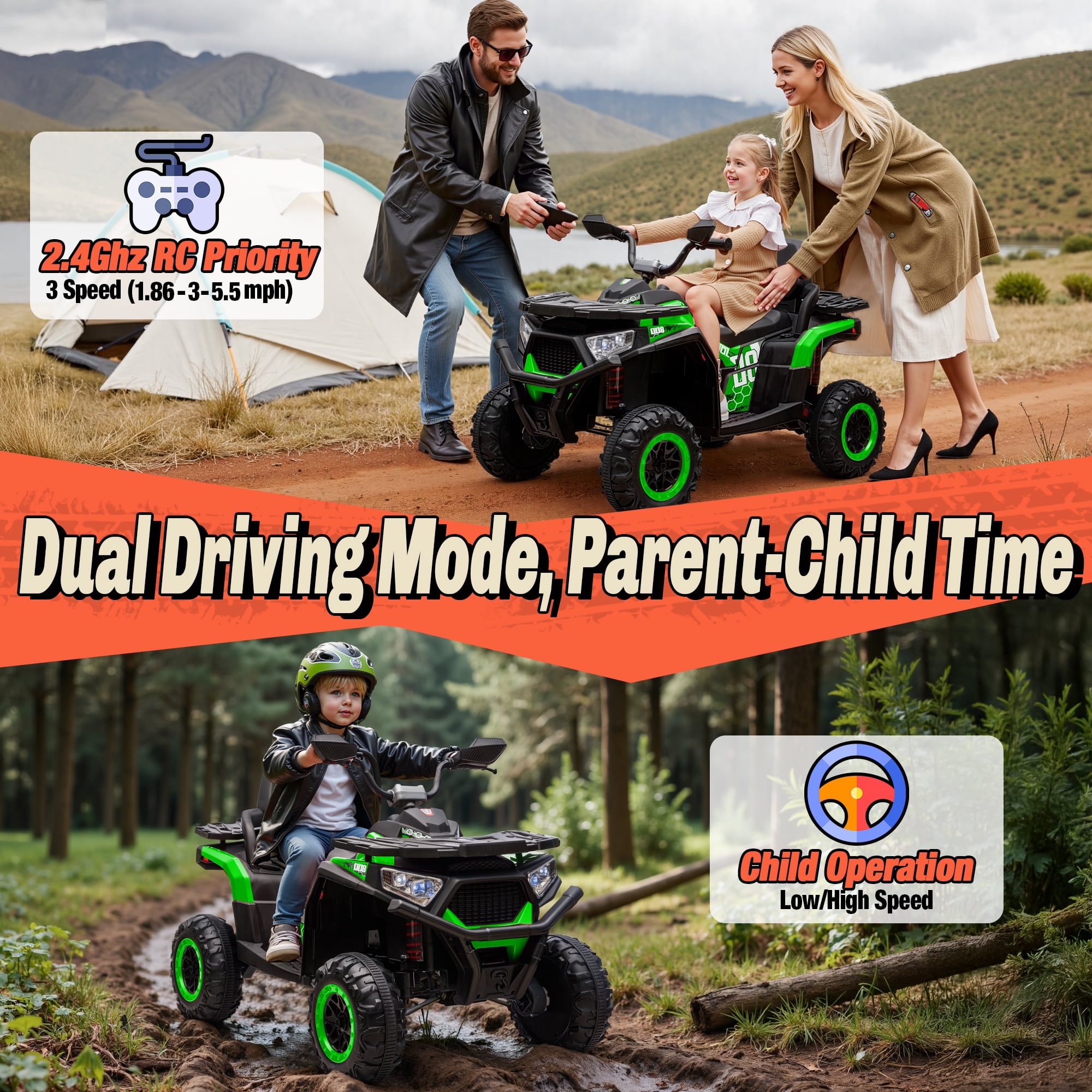 Joyracer 24V 4x4 Kids ATV Electric 4-Wheeler with Leather 2-Seater, 24 Volt Ride on Toys for Big Kids w/ Kneepads, 4x200W Motors, Bluetooth Music, Green