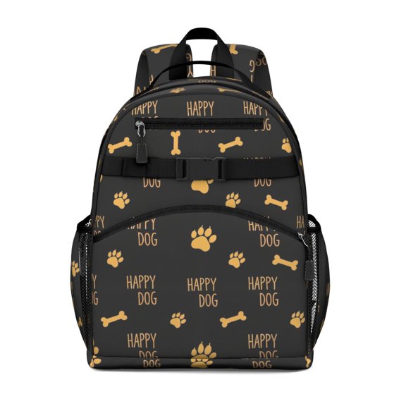 Dog Paw Print and Bone Black Backpack for School, Cute School Bag with Adjustable Shoulder Straps and Padded Back, 15.25"x11.5"x5.25"