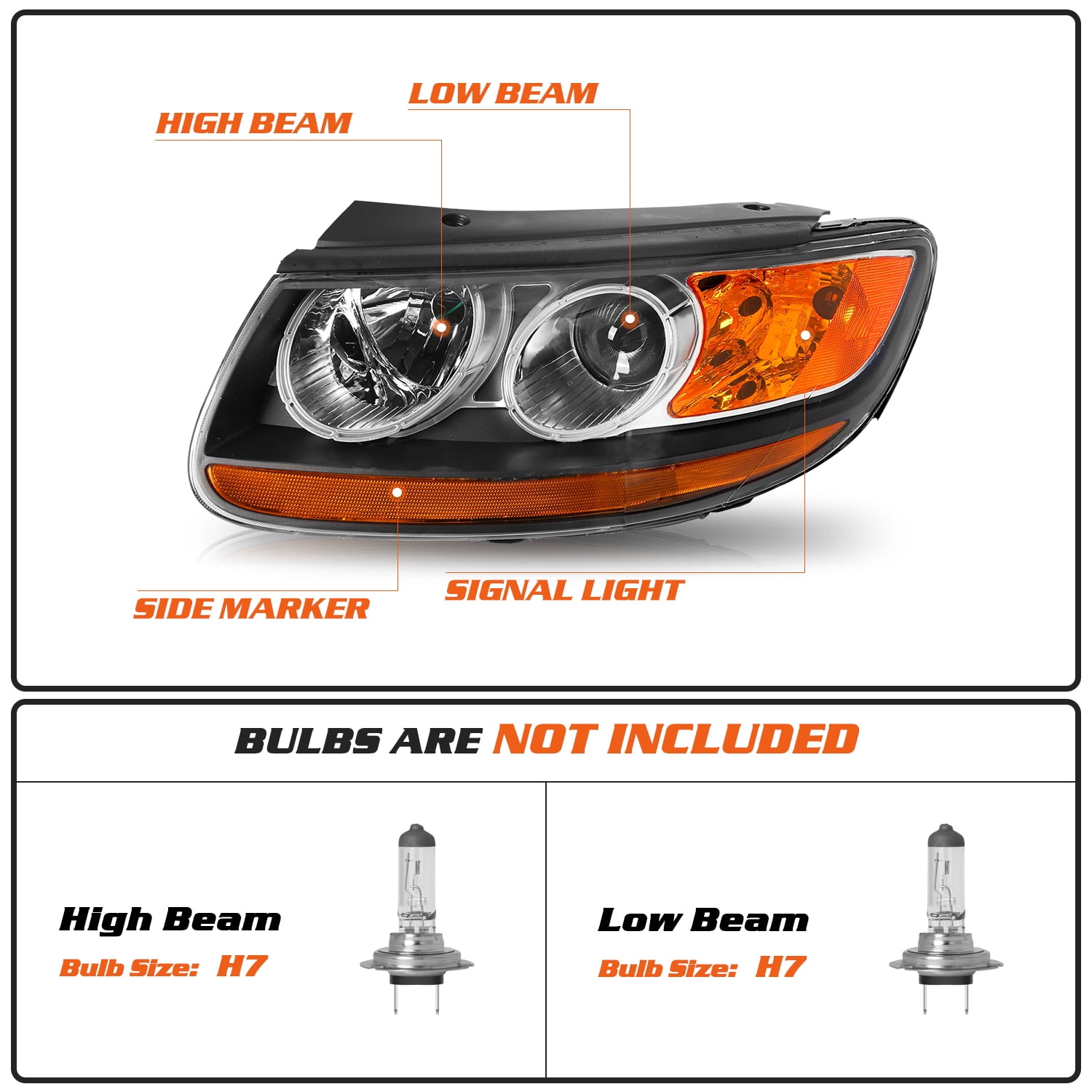 For 2007-2012 Hyundai Santa Fe 6pin Halogen 2pcs Headlights Black Amber Headlamps Assembly 07-12