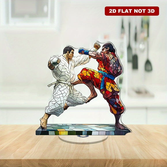 Rotating acrylic display featuring a fighter blocking a kick and delivering a retaliatory strike in vibrant stained glass style against a bright background