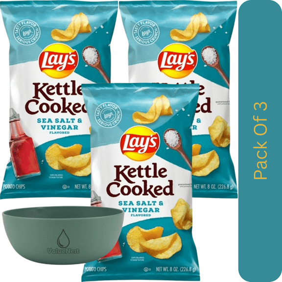 Lay’s Kettle Cooked Sea Salt & Vinegar Potato Chips – 8 oz Bag, Crunchy Tangy Snack With Olive Green Bowl By ValueNest