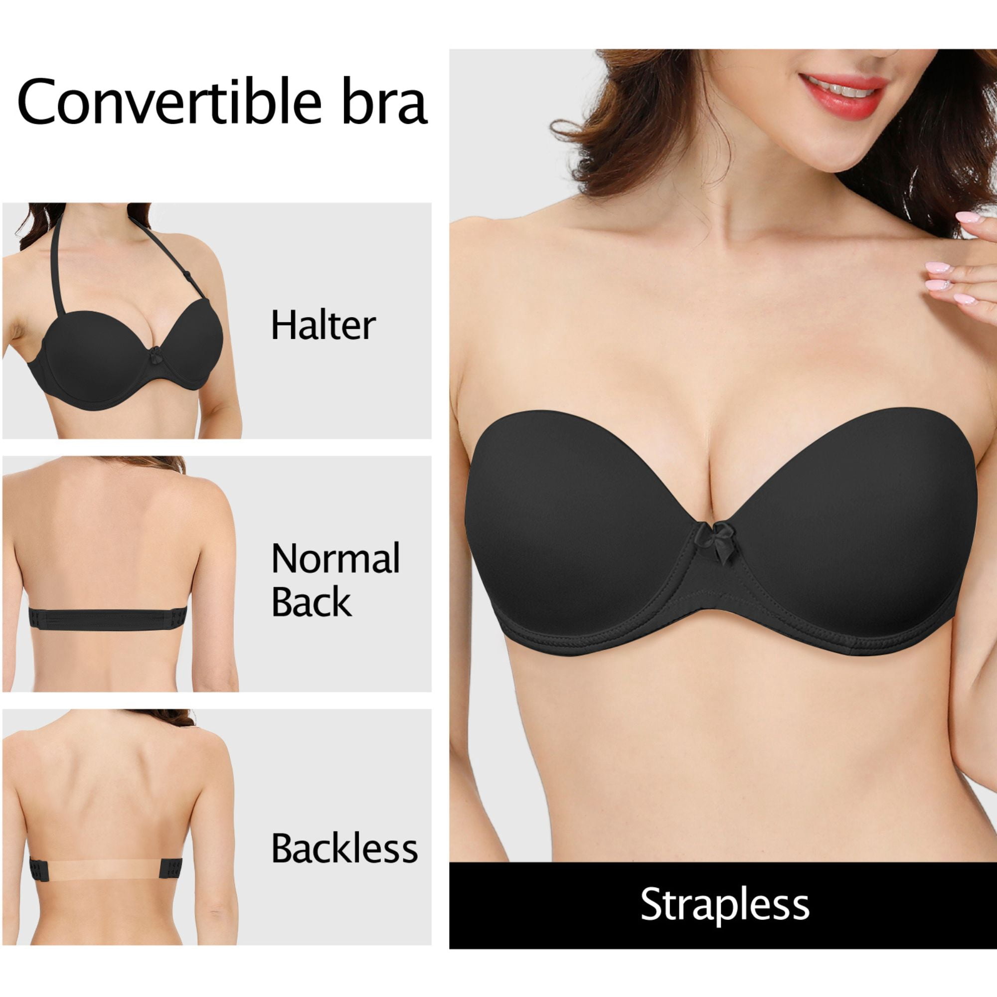 YANDW Strapless Bra for Women Clear Back Convertible Padded Multiway Bras with Underwire, Black 40B