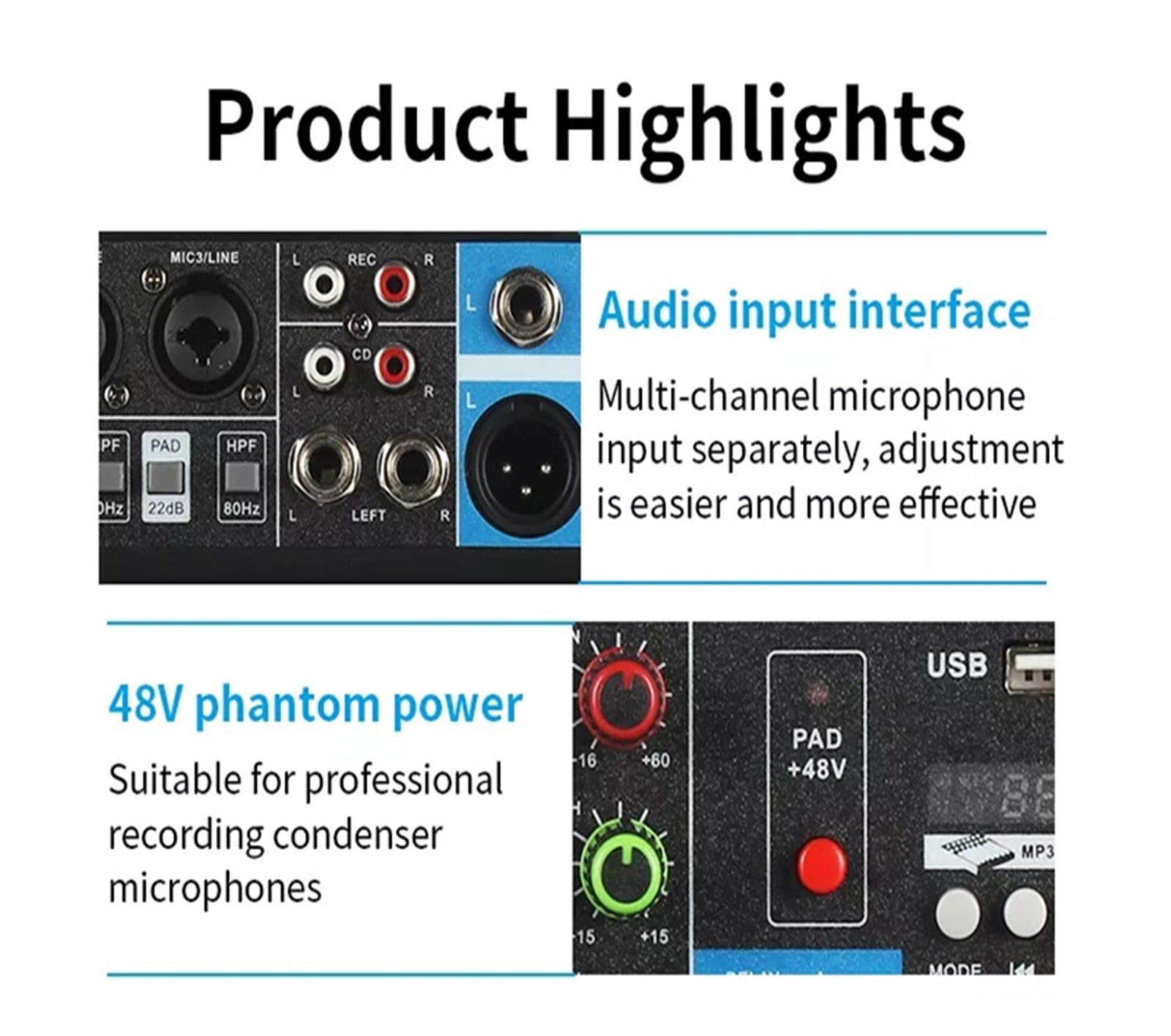 5-Channel Portable Professional DJ Mixer Built-in 48v Phantom Power USB Sound Mixing Console for Stage Live Broadcast ,Easy to Operate