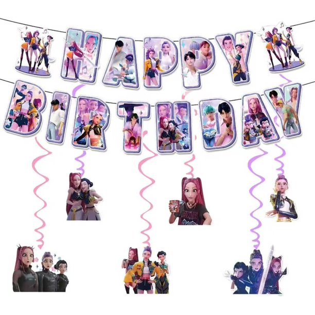 Yanonmyfd For K Pop Demon Happy Birthday Banner, Party Decoration With 6 Vortex Decorative Pendants