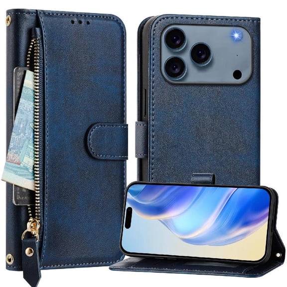 Zipper Wallet Case for iPhone 17 Pro Max with Card Slots & Wrist Strap, Flip Cover Stand Blue