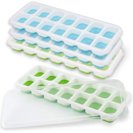 

Set of 4 Ice Cube Trays with Removable Lid for Cocktail Beer Stackable Flexible Ice Cube Molds - 2 Blue + 2 Green