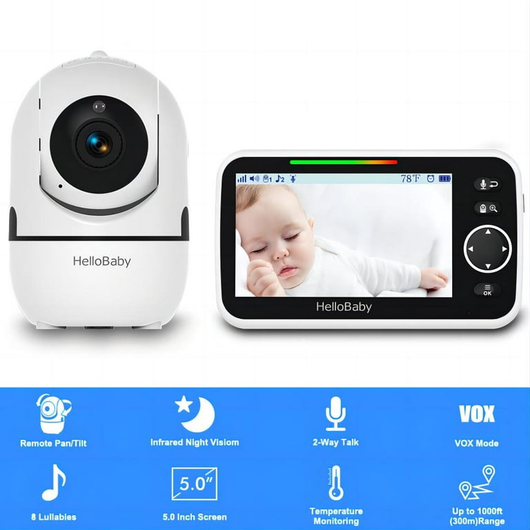 iFamily Baby Monitor - Large 5 Screen with 30Hrs Battery Life - Remote  Pan-Tilt-Zoom;No WiFi, Two-Way Audio, Night Vision, Temperature, Lullabies