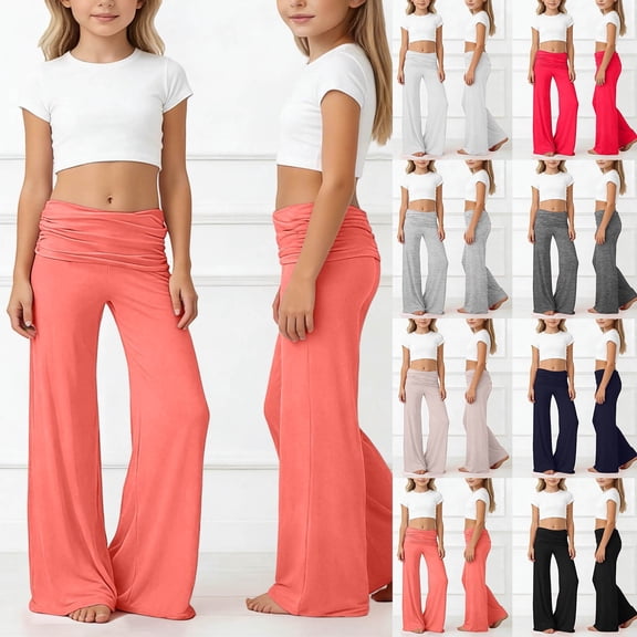 Shadoumai 2026 Coral Fold Over Yoga Pants, Ruched Waist Solid Wide Leg Loose Fit Lounge Pants for Yoga Sports Everyday