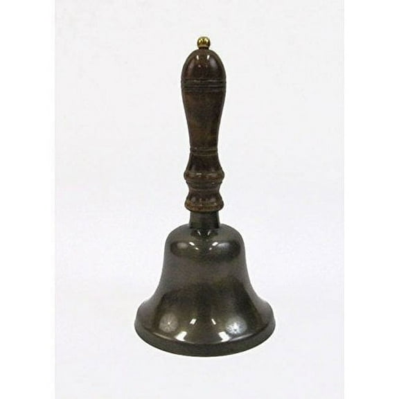 Nagina International Solid Aluminum Antique Brass Finish Hand Bell 12" Wooden Handle