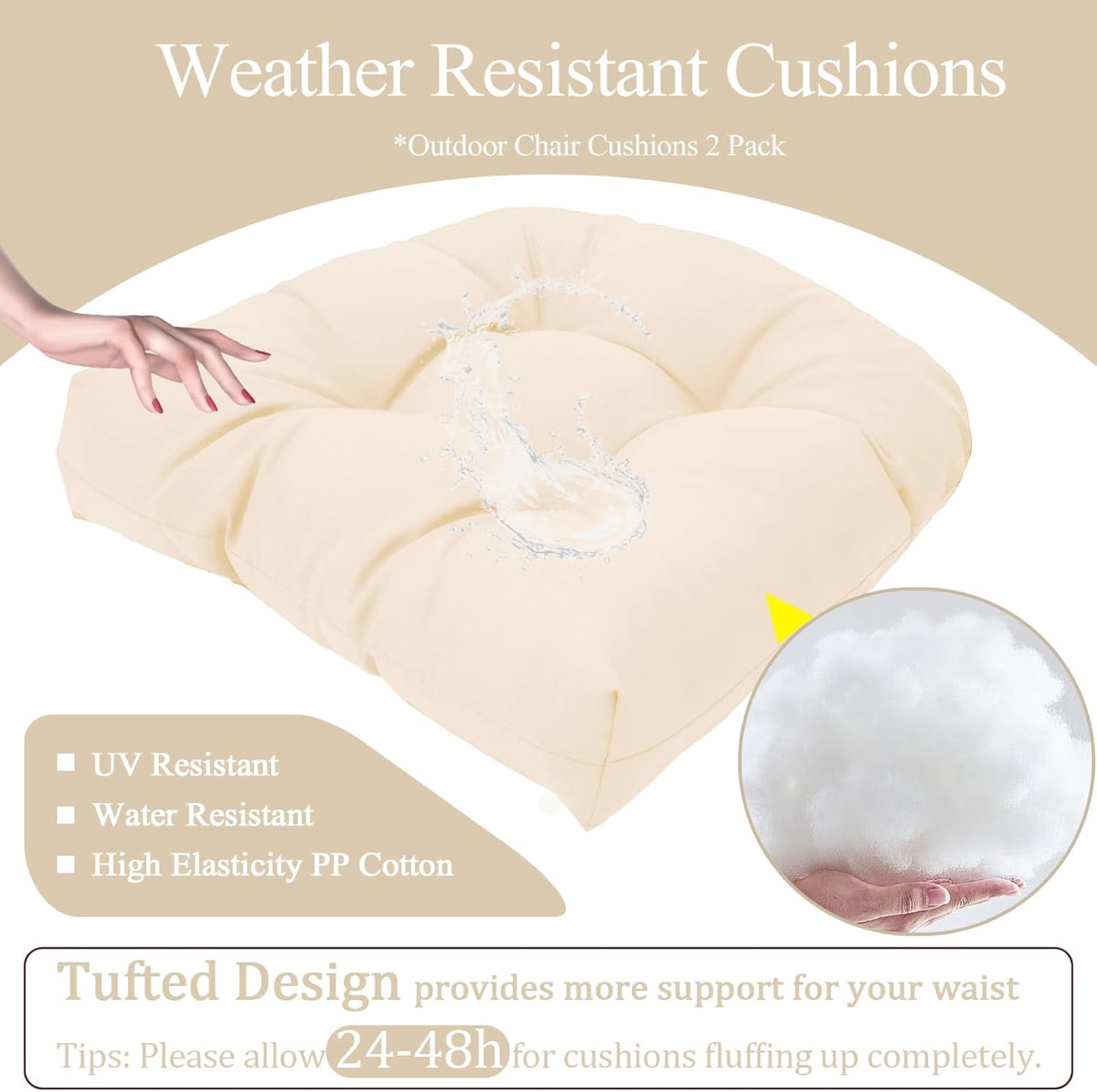 Djiypn Water-Repellent Outdoor Chair Cushions Set of 2, 19"X19" Patio Chair Cushions with High Elasticity PP Cotton, Tufted Seat Cushions for Outdoor Furniture, Thick Patio Cushions