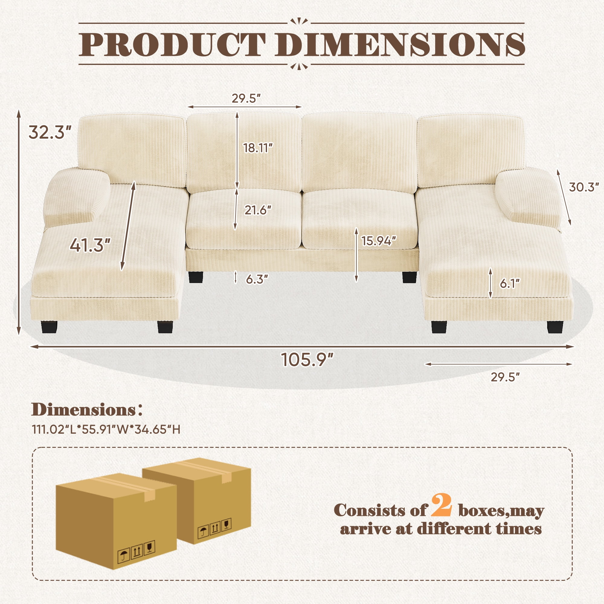 Homall U Shaped Sectional Sofa with Soft Corduroy Sofa Couch with Double Chaise for Apartments,Living Room, Corduroy Beige