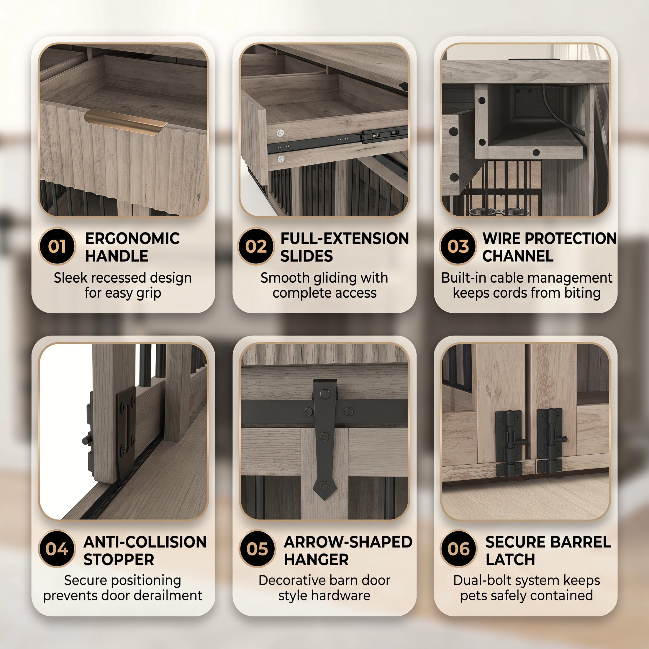 Noble House 71" Double Dog Crate Furniture with Fluted Drawers, Large Kennel with Charging Station, Plaid Grey Oak