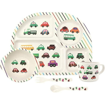 

Egebert 5 Pcs Bamboo Dinner Set for Children Cartoon Animal Kids Dinnerware Set with Board Food Divided Plate Bowl Cup Spoon Fork Baby Tableware Dishware Set BPA Free and Dishwasher Safe (Car)