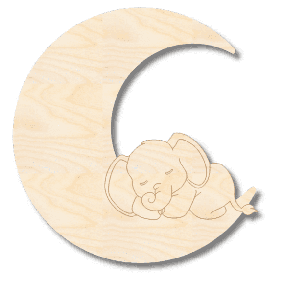 Unfinished Wood Etched Sleeping Elephant on Moon Shape 14" / 1/8"