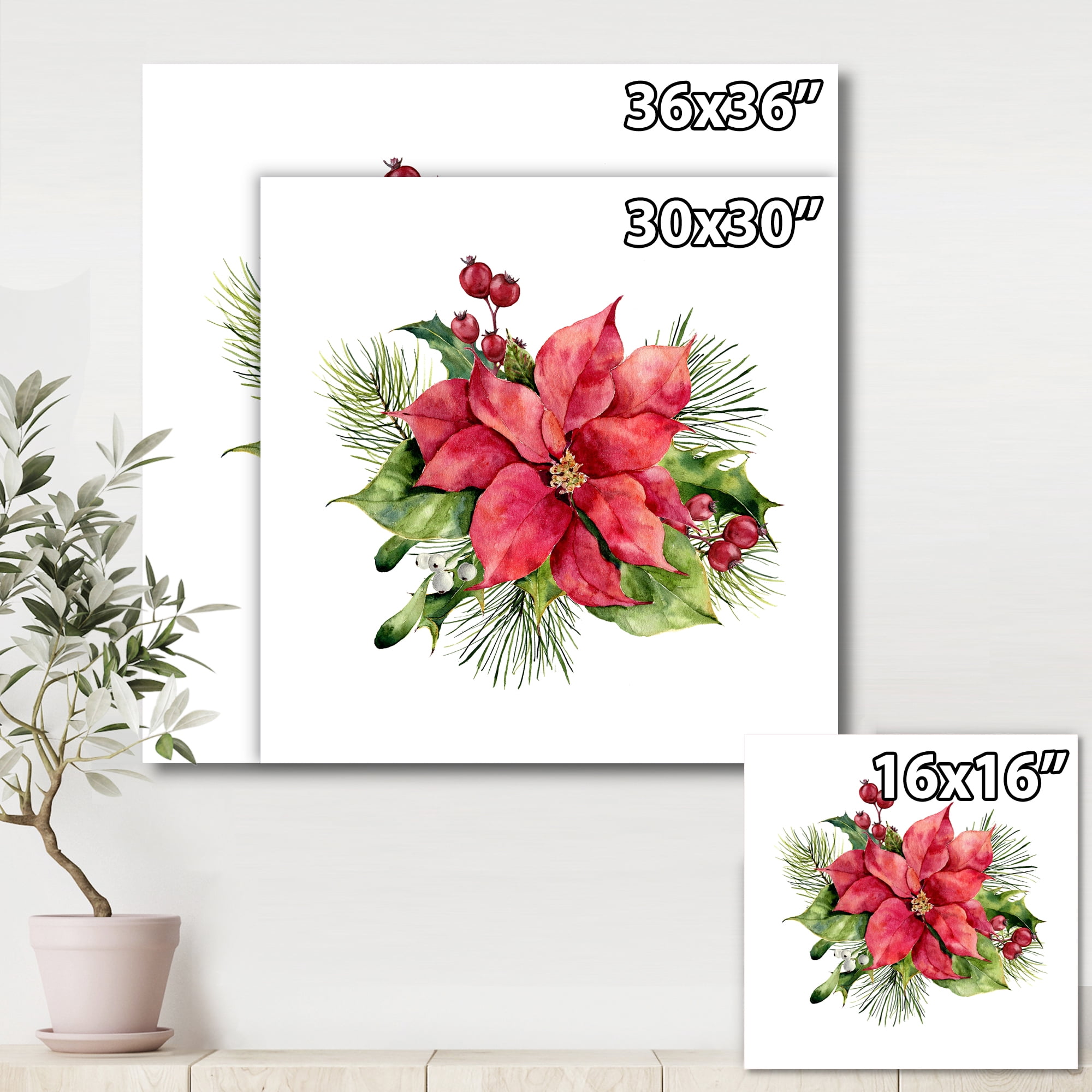 Designart ' Christmas Fir Branch and Holly Mistletoe Berries I ' Traditional Canvas Wall Art Print