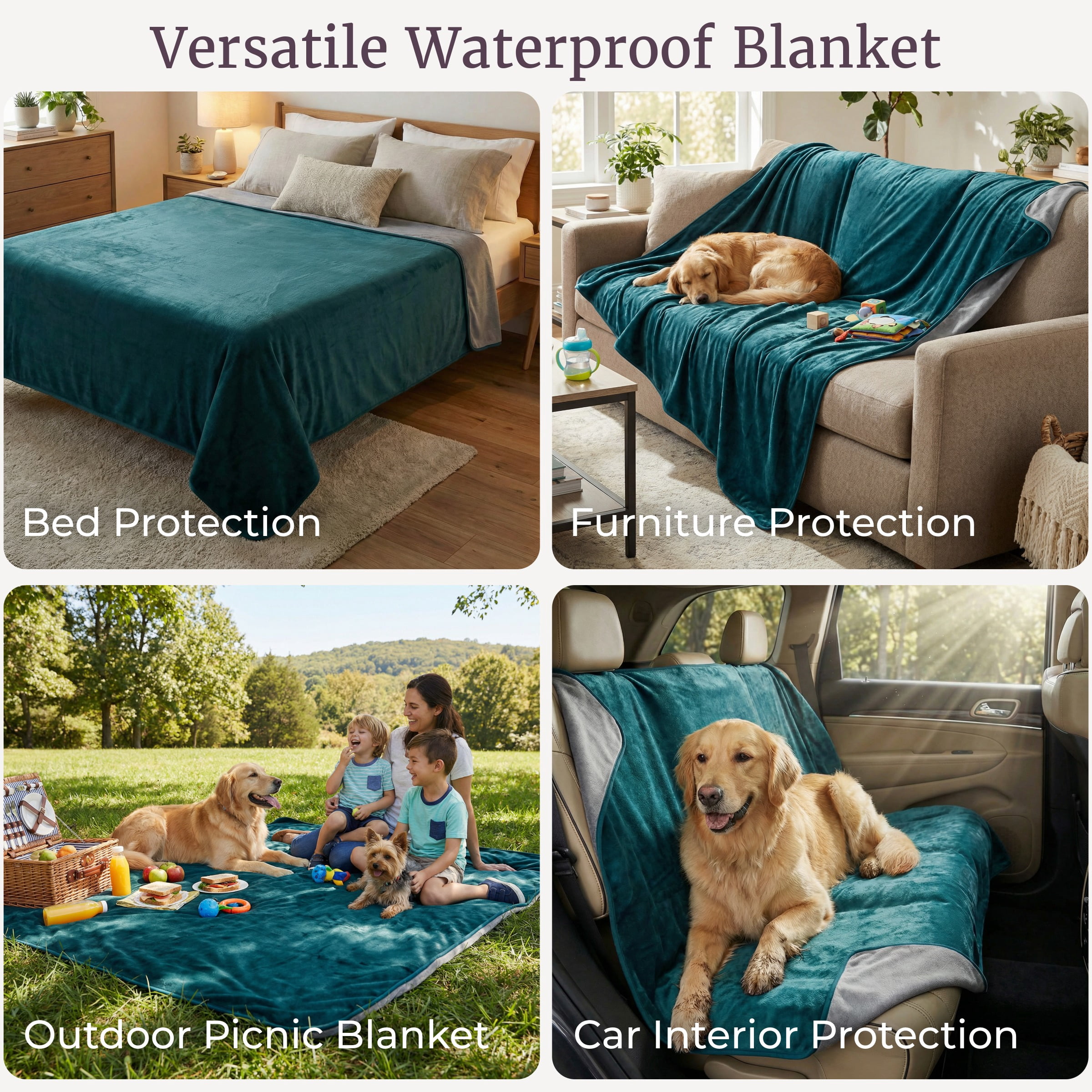 Lavish Home 80x80 Waterproof Blanket for Kids, Pets, and Outdoors (Green)